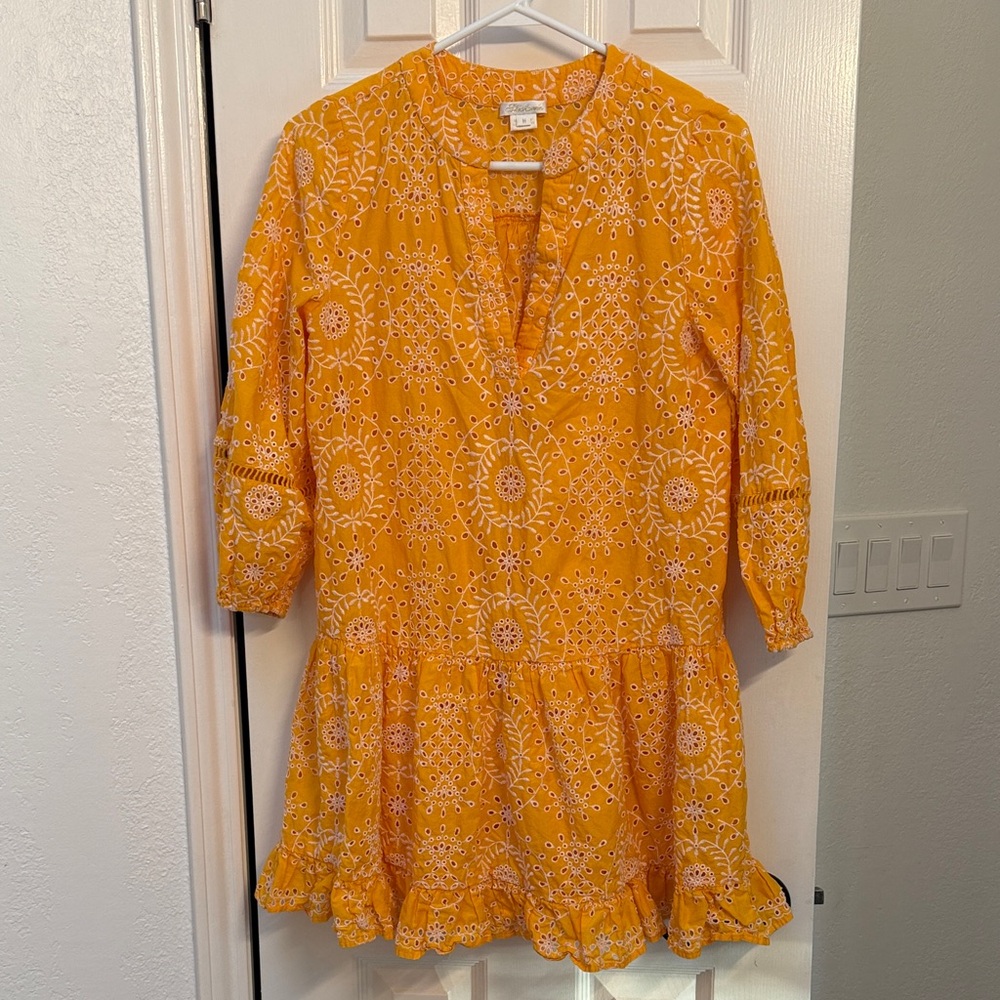 Shoshanna cotton yellow/Orange eyelet Embroidered Dress with blousen sleeves